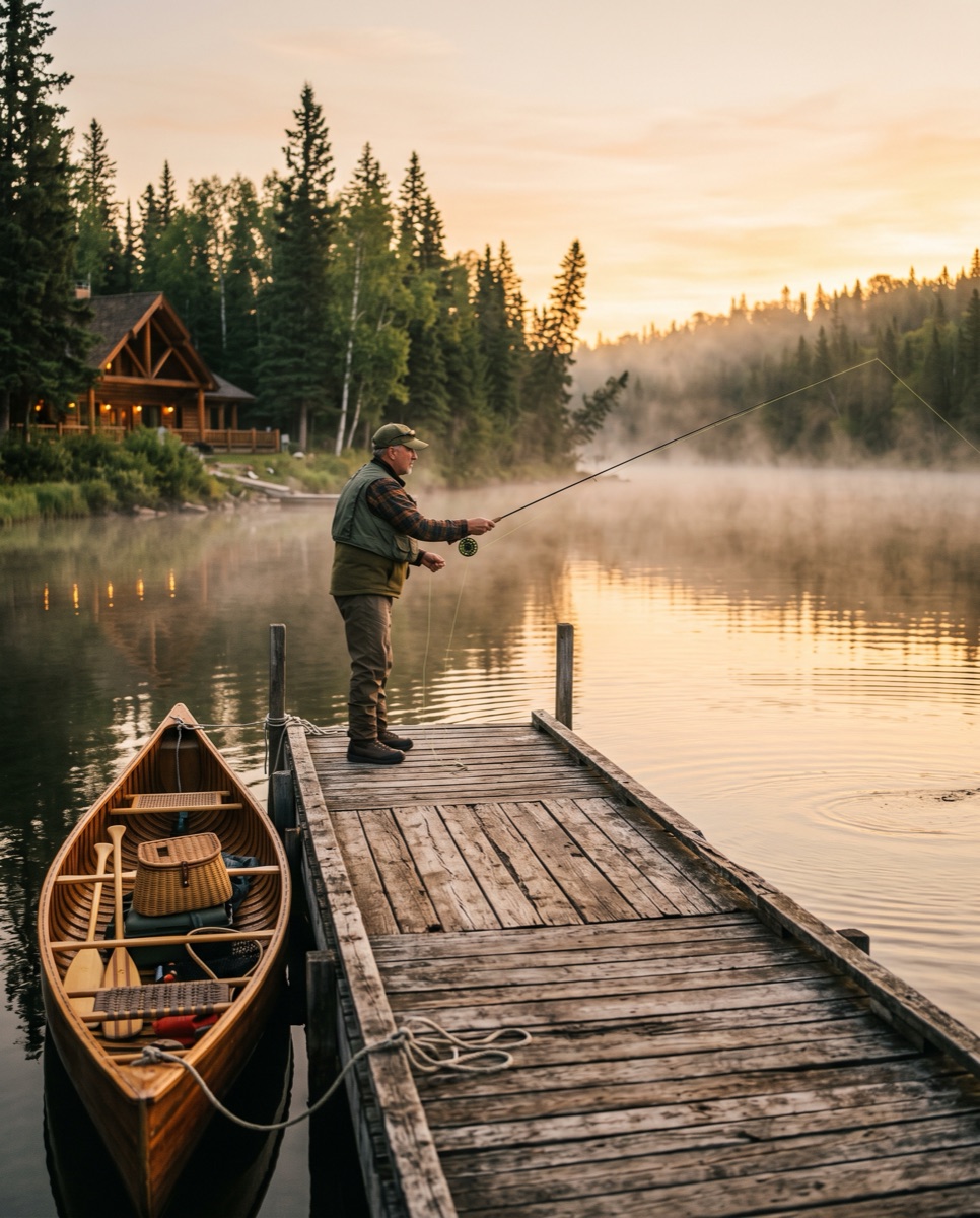 A guest fly fishing from the lodge dock at golden sunrise