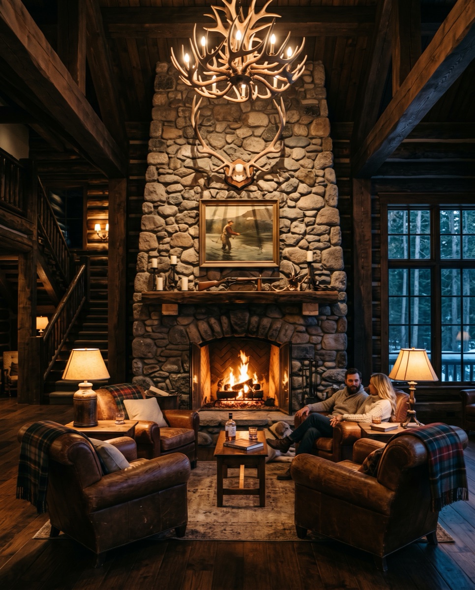The great room of the lodge with a stone fireplace, antler chandelier, and leather chairs