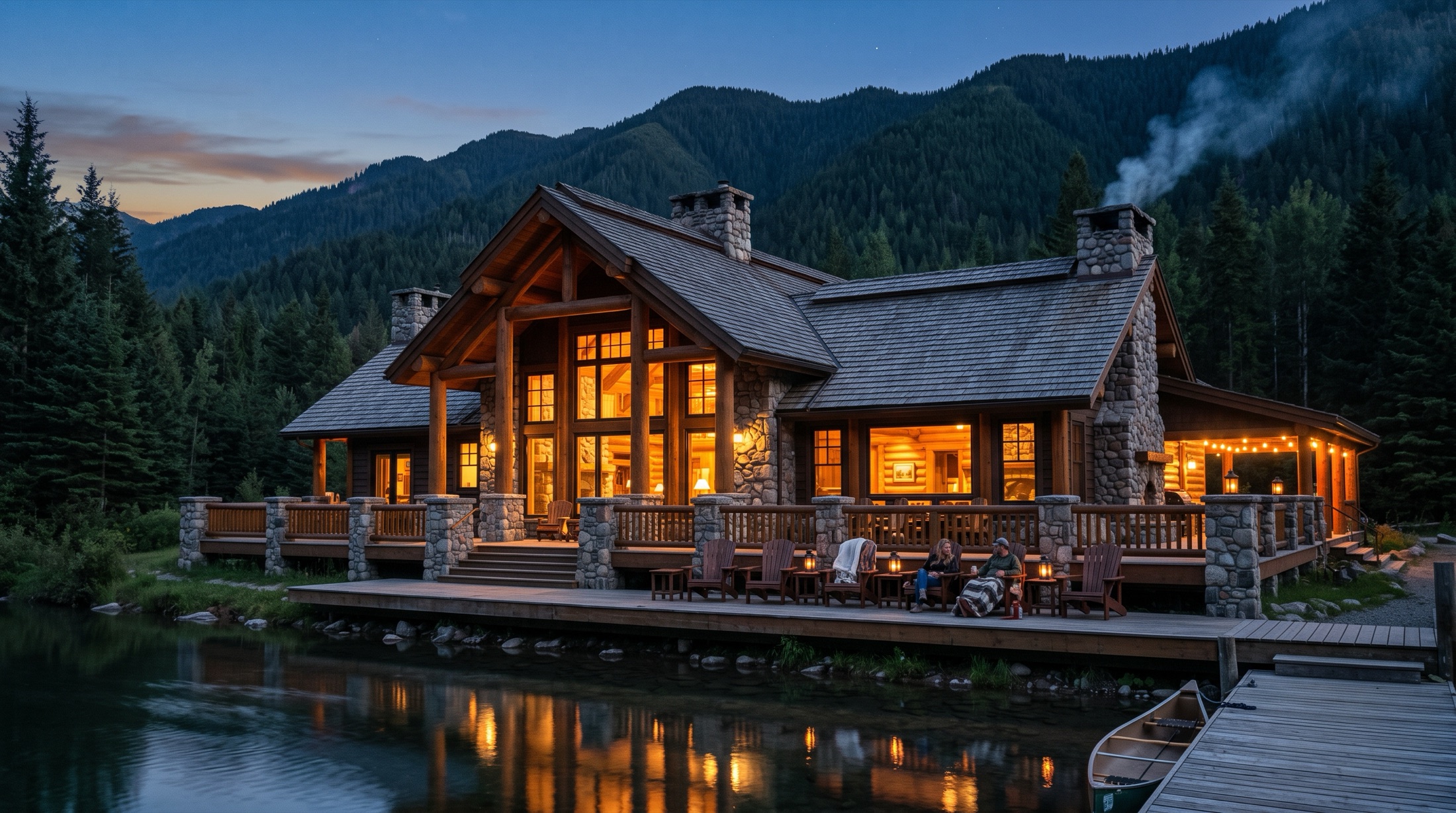 Blackfeather Lodge, a timber-and-stone sporting lodge glowing at dusk beside a calm river