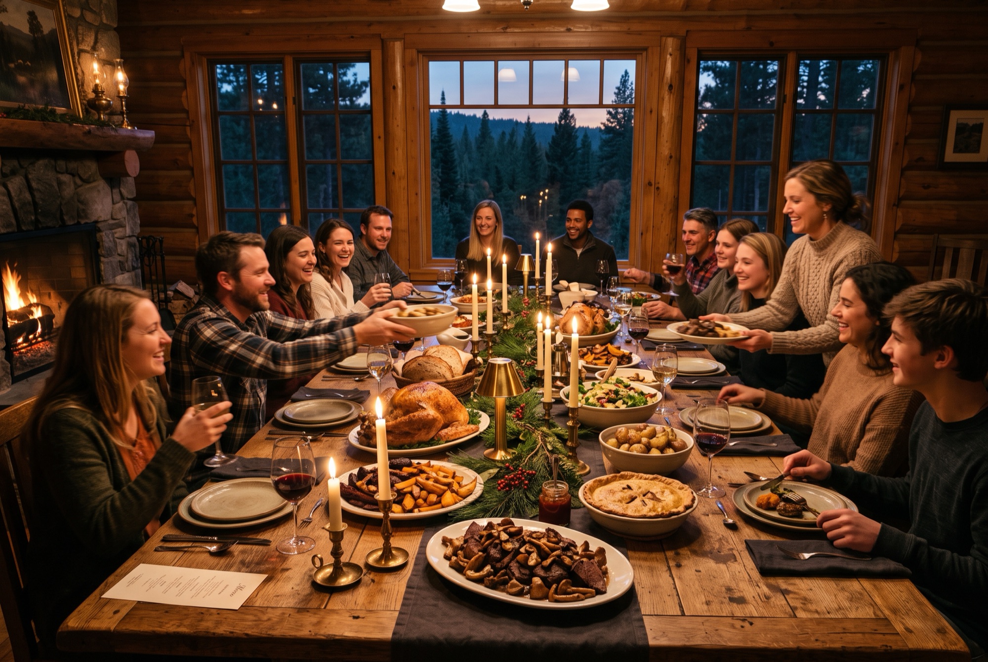 Guests gathered around a long candlelit dinner table at the lodge